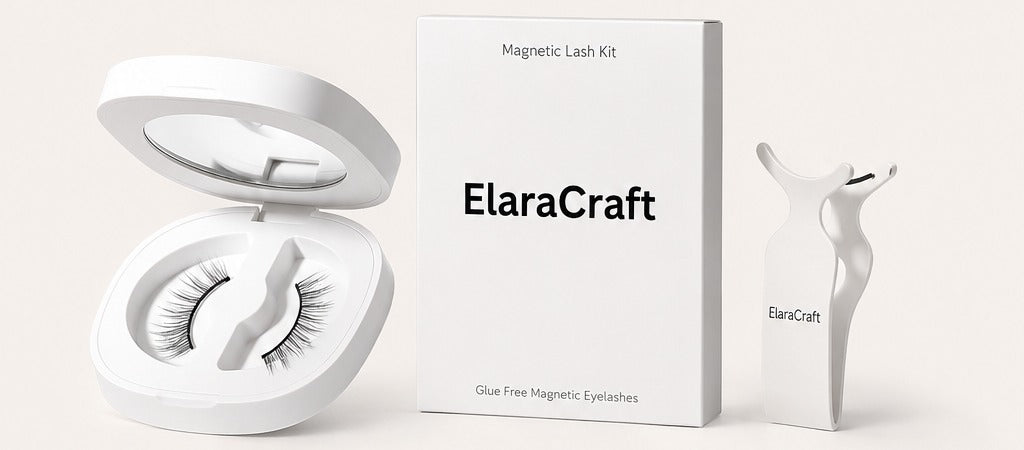 The ElaraCraft kit: mirror case holding two lashes, the box, and the applicator