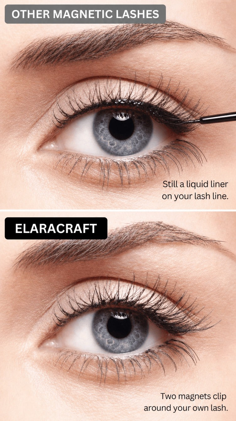 Top: a liquid magnetic liner being drawn along the lash line. Bottom: two ElaraCraft magnets clipping around the natural lash.
