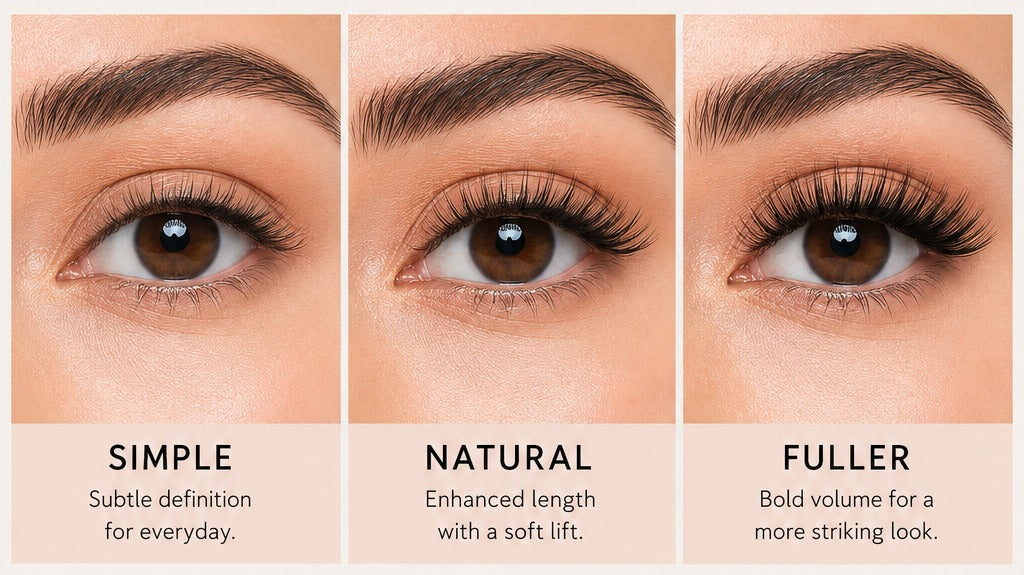 The three ElaraCraft styles shown on the same eye in the same light: Simple, Natural and Fuller